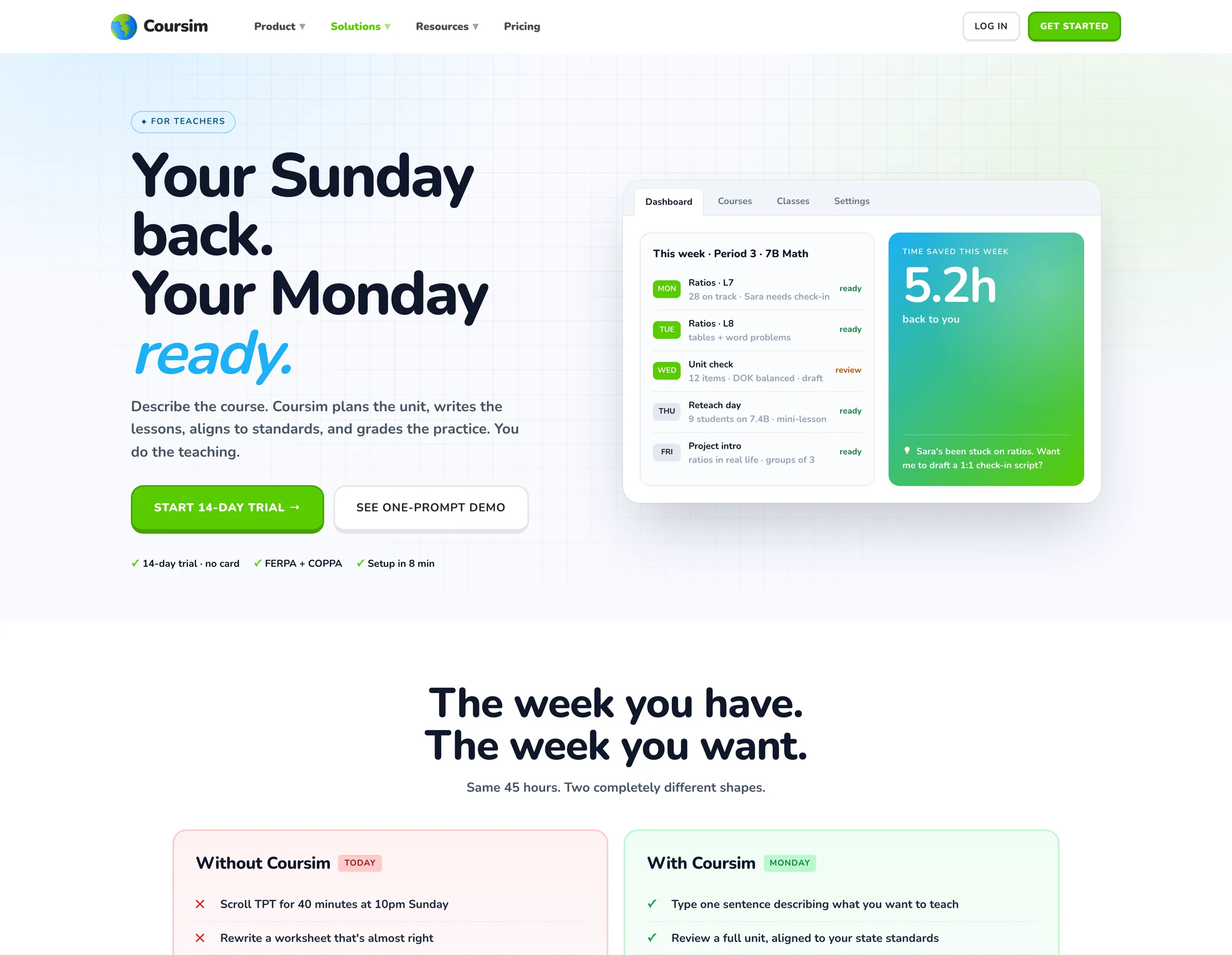 Coursim — the live site at desktop width